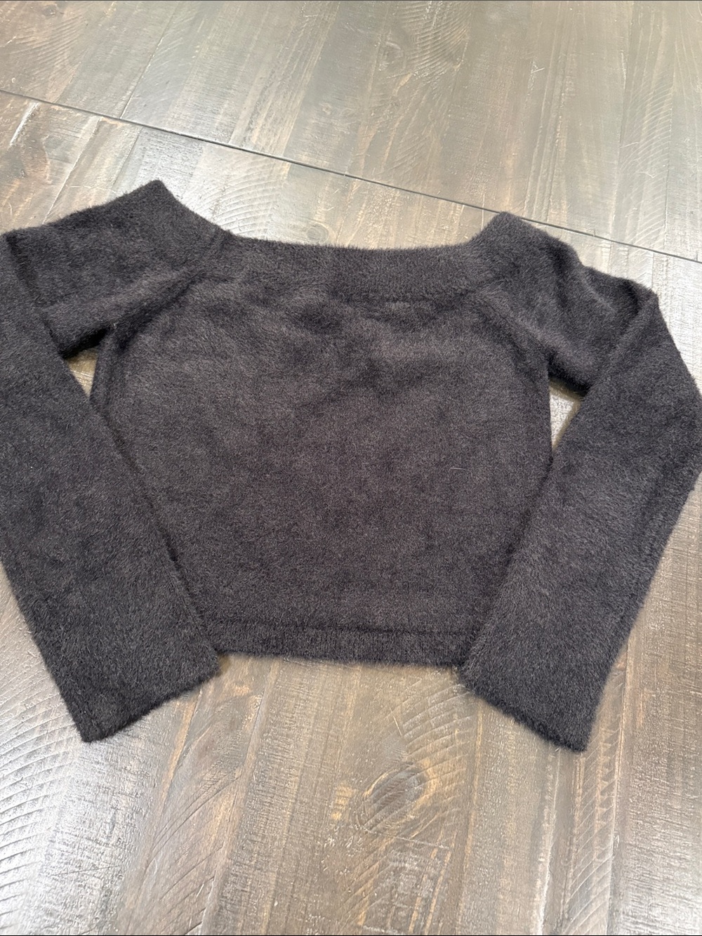 Good American Cozy Black Fuzzy Off-the-Shoulder Long Sleeve Sweater Size M
